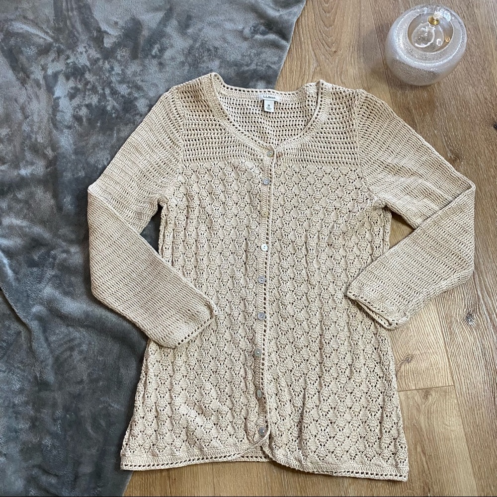 L.L. Bean Crochet Cardigan Cotton & Linen Blend, Pearlized Buttons